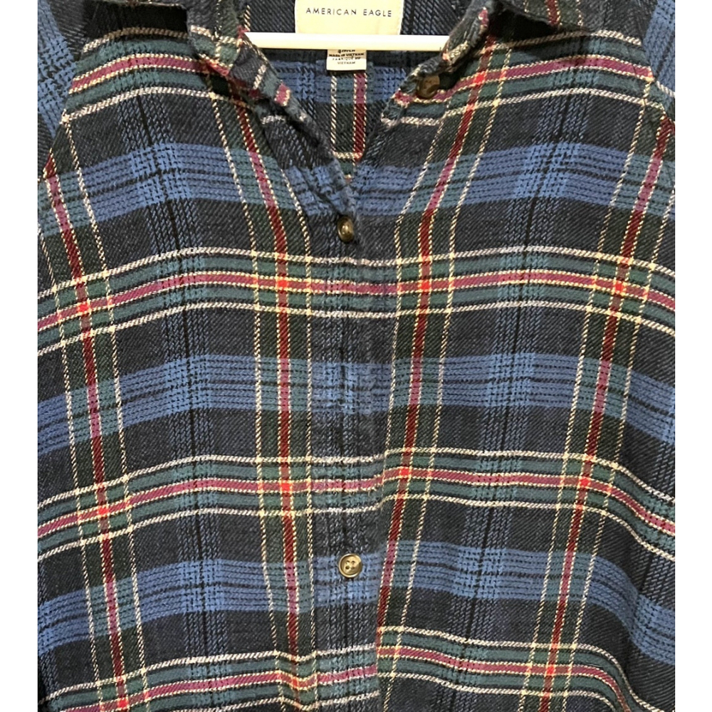 American Eagle Plaid Shirt Women’s Small Blue Plaid Dolman Waffle Flannel - Picture 2 of 5
